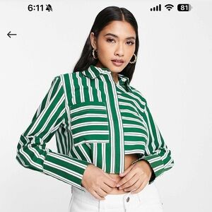 Topshop Green and White Striped Button Down